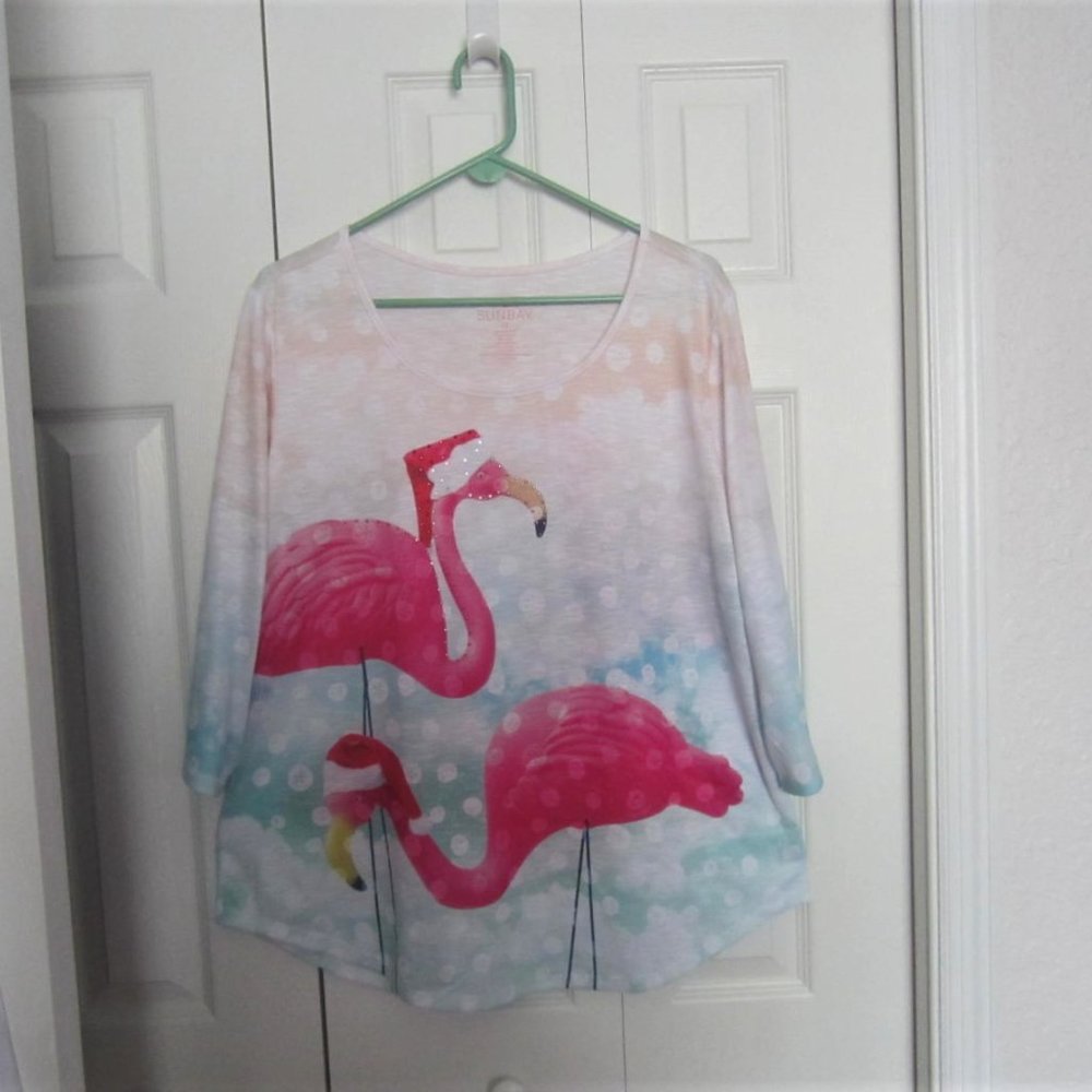 1X Flamingo Christmas Top--Tropical Santa Flamingos-Embellished--NWT - Picture 2 of 7